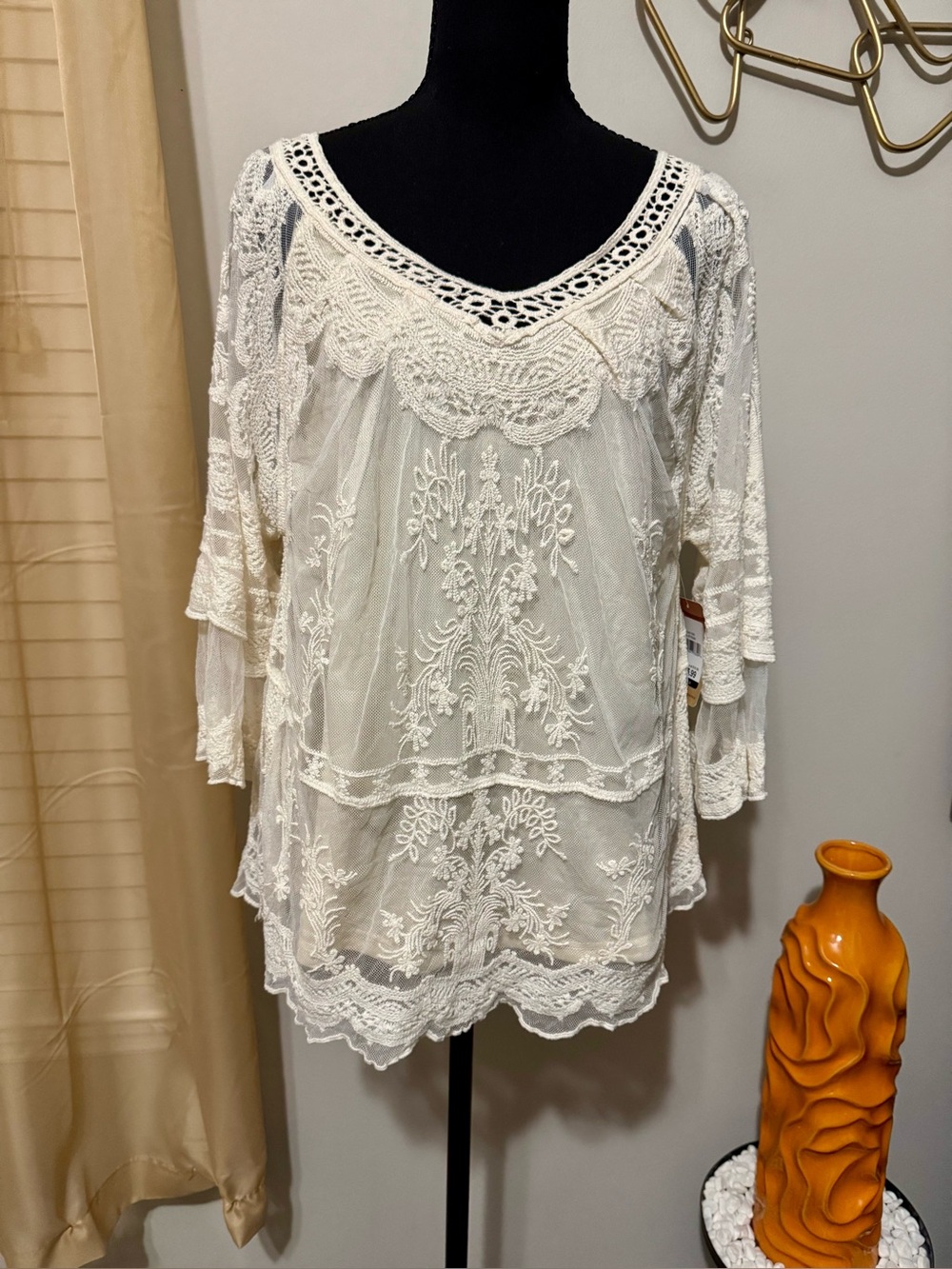 Embroidered Crochet-Trim Cream Tunic Top NWT